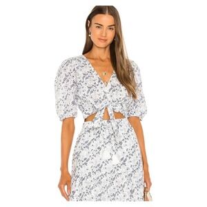 CLEOBELLA REVOLVE Floral Tie Front Top Puff Sleeve V Neck Ruffle Trim SIZE S